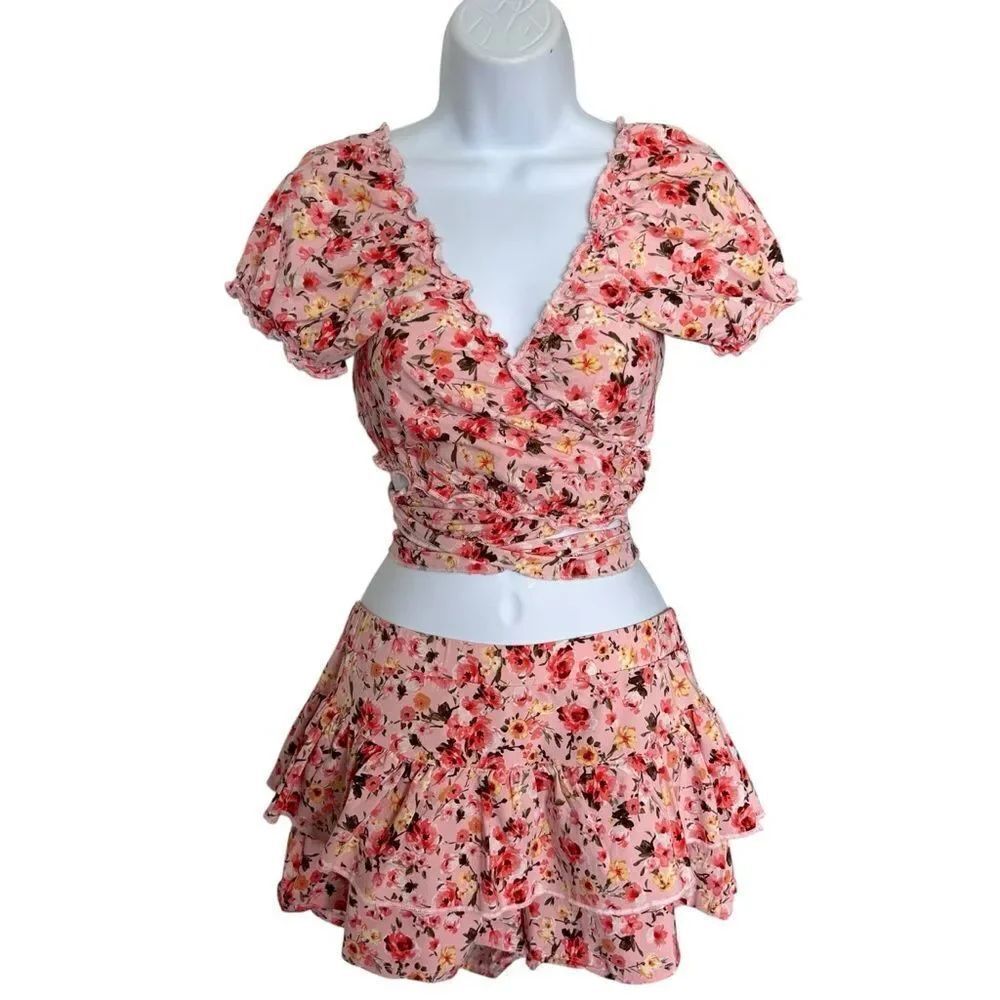 Bla Shé Pink Floral Two-Piece Crop Top & Skirt Set Top Sz S Skirt Sz M